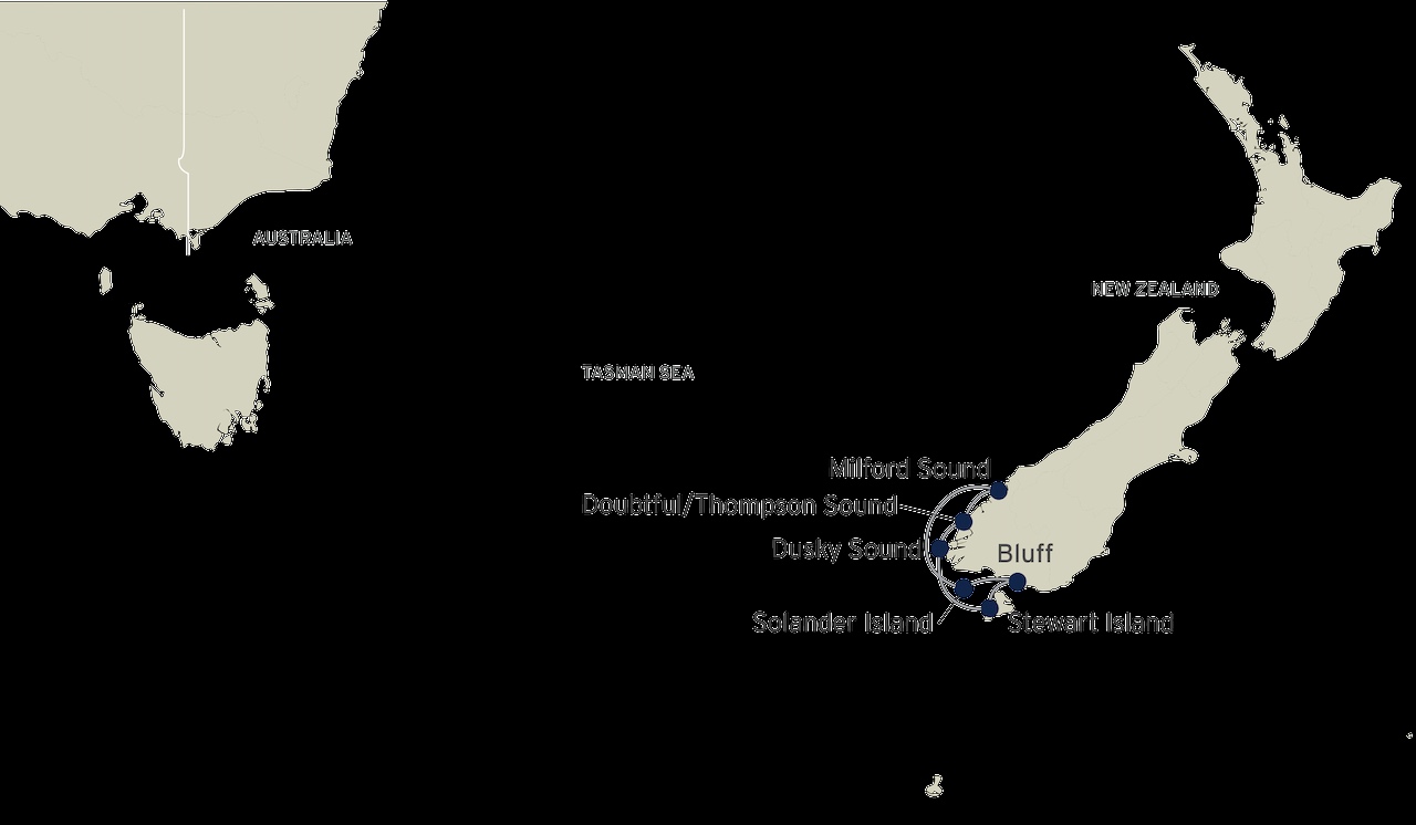 New Zealand Sounds & Stewart Island route map