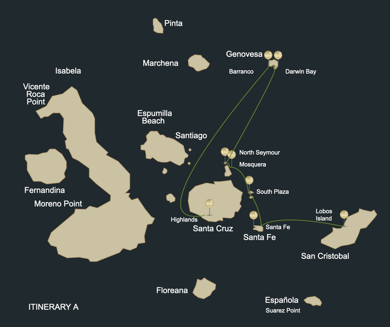 5 Day Galápagos Islands aboard EcoGalaxy (Itinerary A) route map