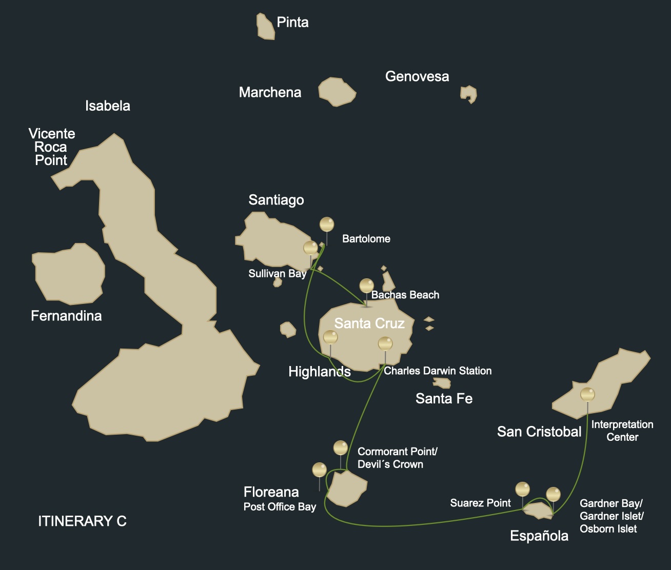 6 Day Galápagos Islands aboard EcoGalaxy (Itinerary C) route map