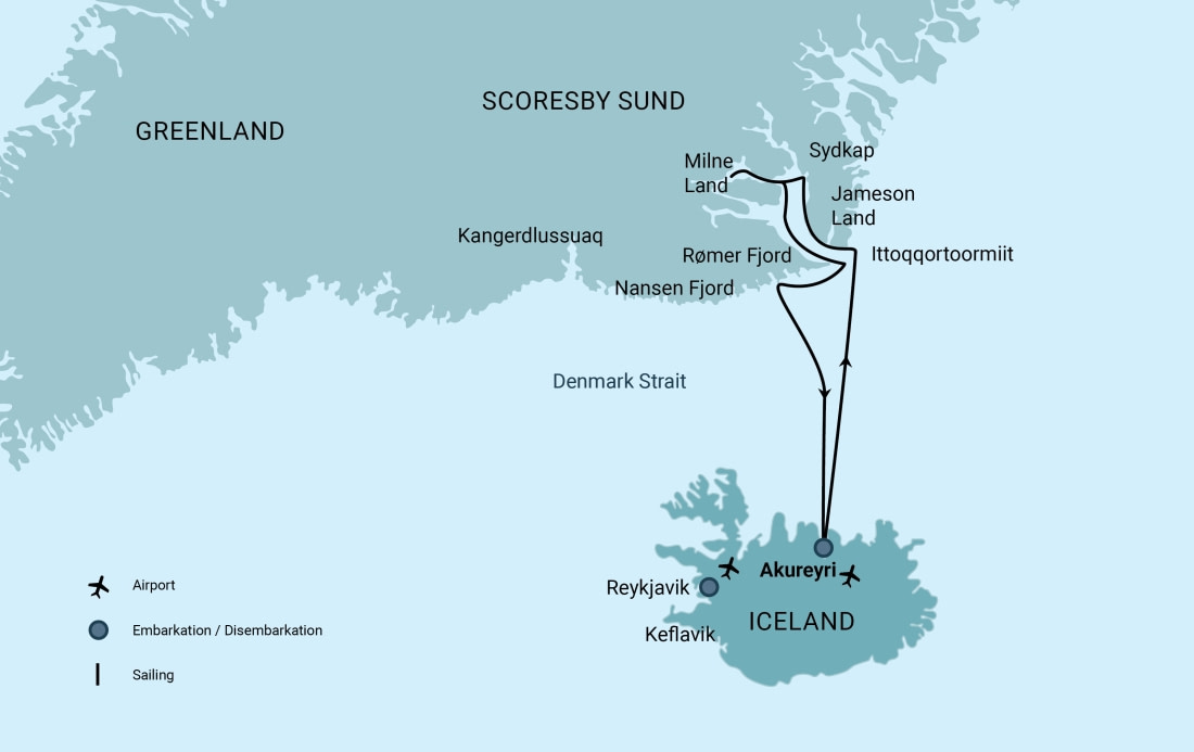 East Greenland, Aurora Borealis & Long Hikes route map