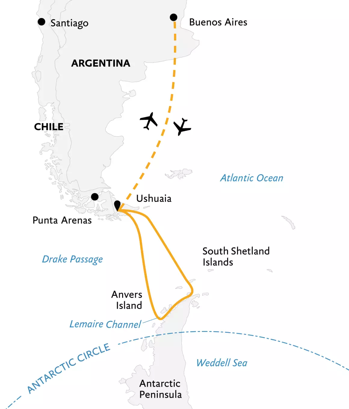 Antarctic Explorer aboard Ultramarine route map